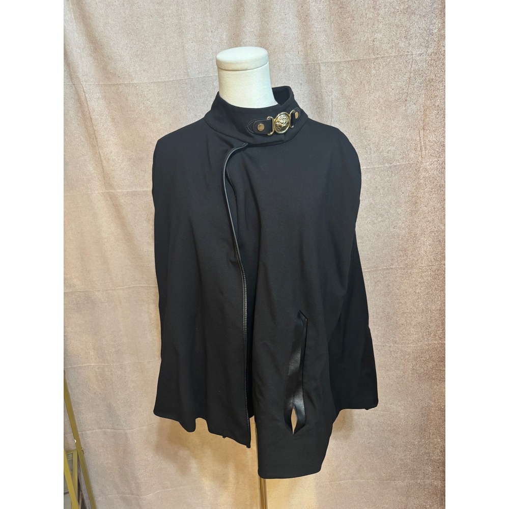Anne Klein Black Cape Coat Gold Lion Head Hardware Mock‎ Neck C7JM7A5596R Large